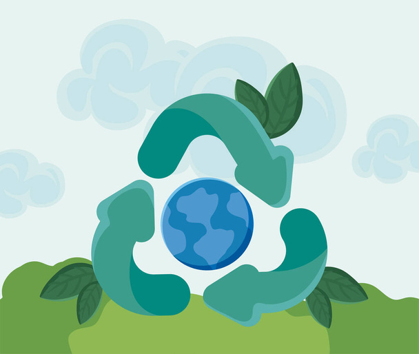Planet Erde mit Symbol für erneuerbare Energien - Vektor, Bild