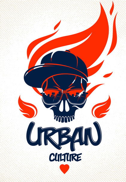 Calavera estilo cultura urbana en gafas de sol logotipo vector o emblema, g
 - Vector, Imagen