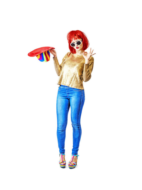Beautiful model in red wig and color make-up with accessories - Φωτογραφία, εικόνα