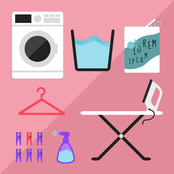 Máquina de lavar roupa e detergente e cabide e alfinete e tábua de engomar e amido em spray
 - Vetor, Imagem