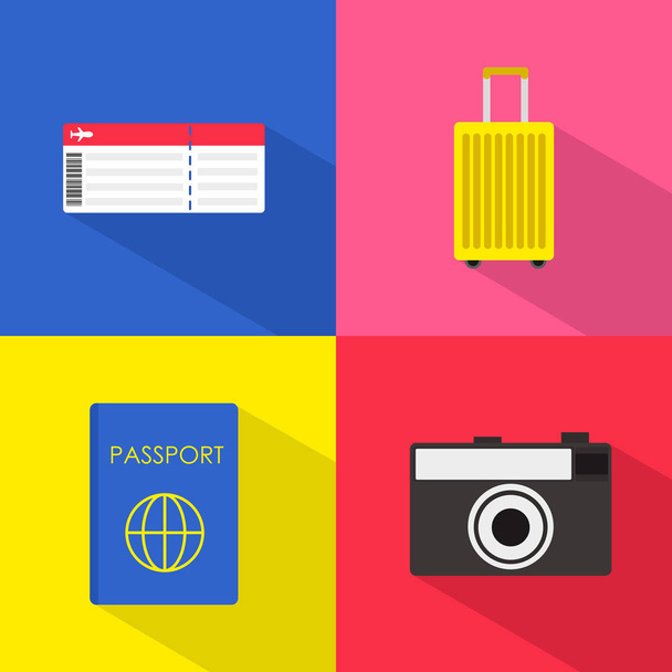 Concepto de viaje plano ilustra con tarjeta de embarque pasaporte lugg
 - Vector, Imagen