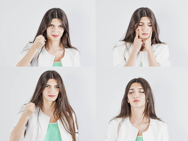 A set of young girl emotions. Casual brunette woman grimacing and gesturing at the camera, on a gray studio background. Positive and negative feelings - Valokuva, kuva