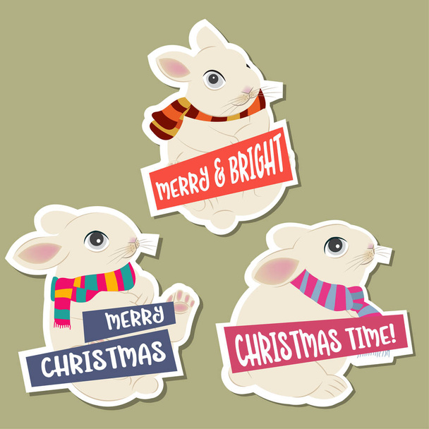 Vánoční sbírka nálepek s králíky a přáními. Plochá desi - Vektor, obrázek