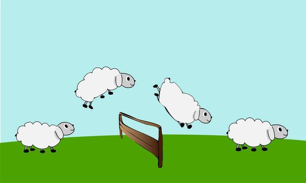 Farm animals. Sheep Jump Over Fence. Count sheep. Vector - Vector, Image
