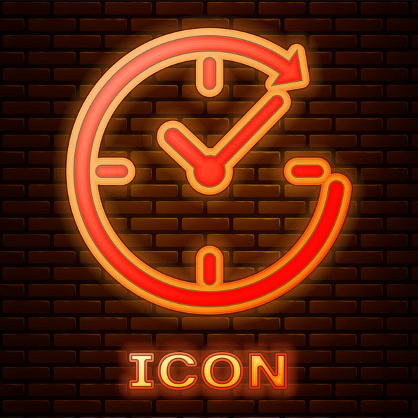 Izzó neon óra, nyíl ikon elszigetelt téglafal háttér. Idő szimbóluma. Óramutató járásával megegyező ikon nyíl és idő. Vektoros illusztráció - Vektor, kép