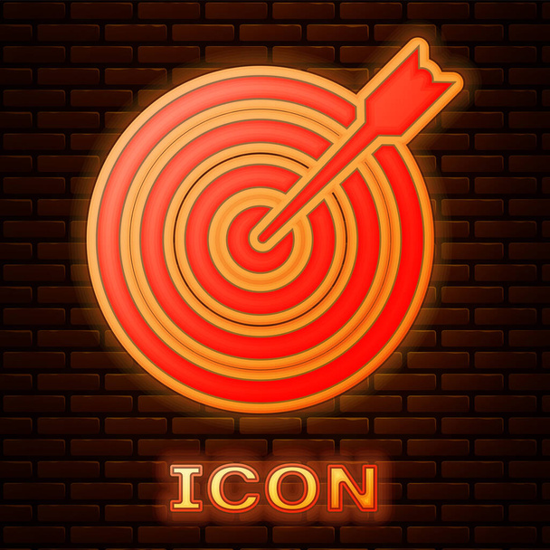 Glowing neon Target with arrow icon isolated on brick wall background. Dart board sign. Archery board icon. Dartboard sign. Business goal concept. Vector Illustration - Vector, Image
