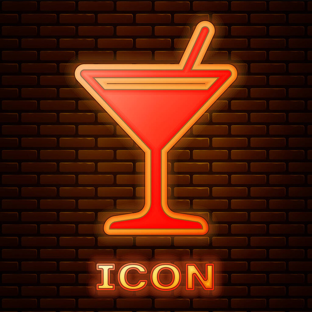 Hehkuva neon martini lasi kuvake eristetty tiiliseinä tausta. Cocktail-ikoni. Viinilasin ikoni. Vektorikuvaus - Vektori, kuva