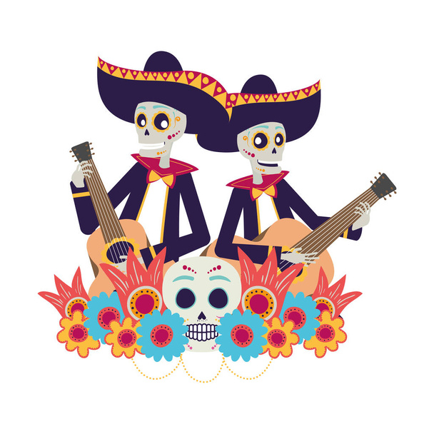 mexikói mariachis koponyák gitáros karakterek - Vektor, kép