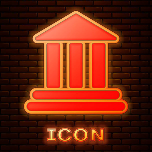 Zářící neon budova banky ikona izolované na cihlovou zeď na pozadí. Vektorové ilustrace - Vektor, obrázek