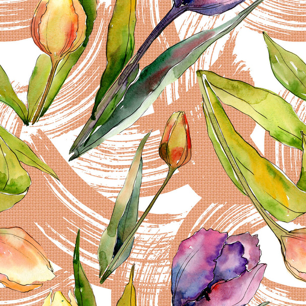 Tulip Floral botanische bloemen. Aquarel achtergrond illustratie instellen. Naadloos achtergrond patroon. - Foto, afbeelding