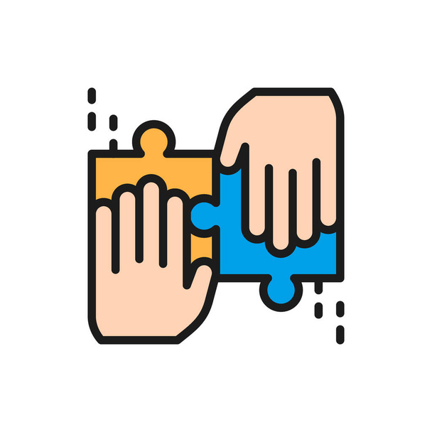 Team solves a jigsaw puzzle flat color line icon. - Wektor, obraz