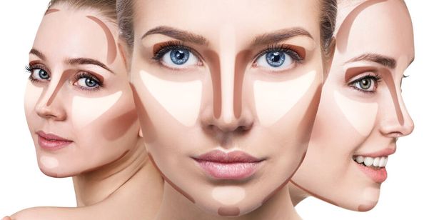 Collage van vrouwengezichten met contourende make-up. - Foto, afbeelding