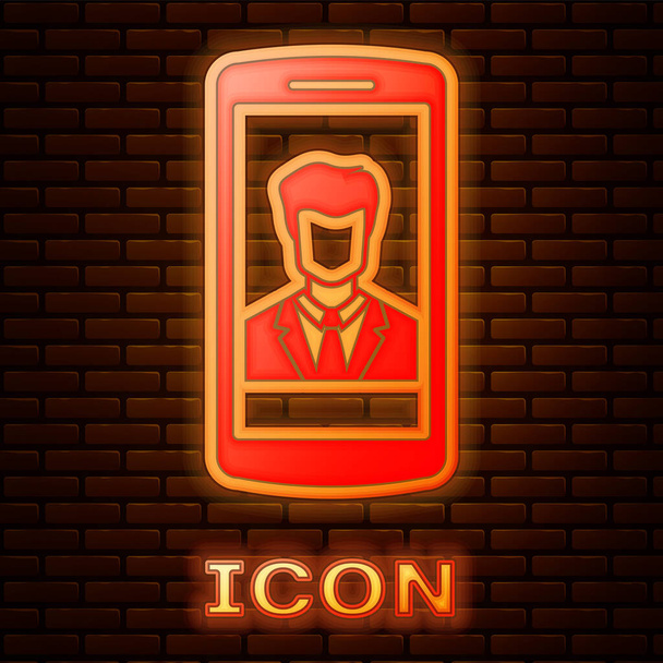 Glowing neon Smartphone with contact on screen icon isolated on brick wall background. Incoming call. Human on phone screen. Call contact. Vector Illustration - Vector, Image