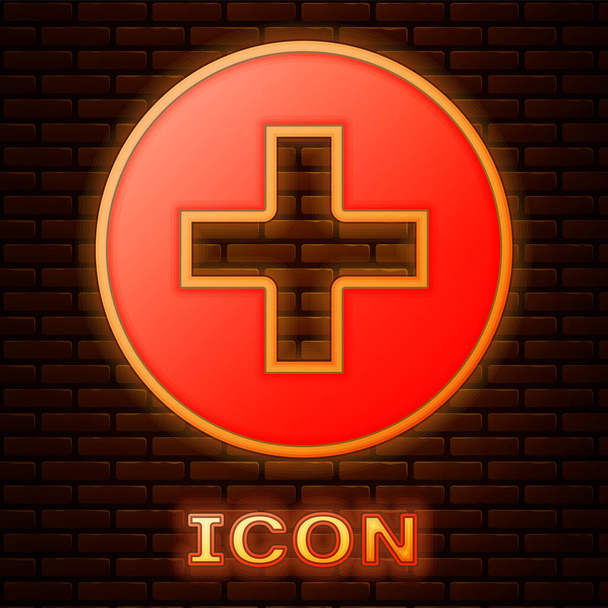 Zářící neon lékařský kříž v kruhu ikonu izolované na cihlovou zeď na pozadí. Symbol lékařské první pomoci. Vektorové ilustrace - Vektor, obrázek