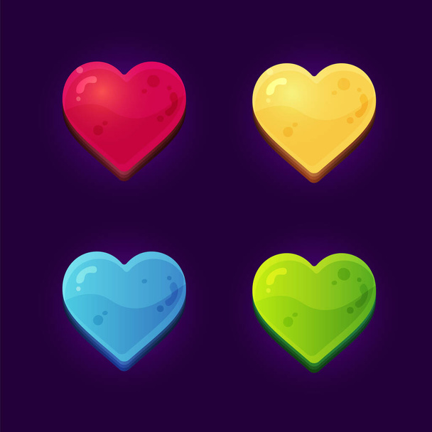Set of 4 hearts symbol for arcade mobile games on dark background. Game User Interface elements for using in mobile and video games. - Vektor, Bild