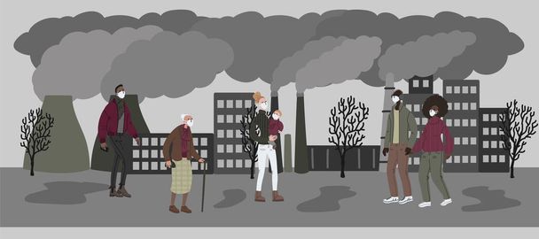 Vector hand getekend illustratie met vrouwen en mannen in maskers. Luchtverontreiniging in modern stadsconcept - Vector, afbeelding