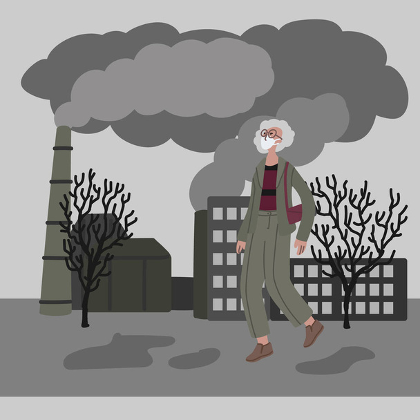 Kobieta w masce przeciw smogowi. Koncepcja zanieczyszczenia powietrza - Wektor, obraz