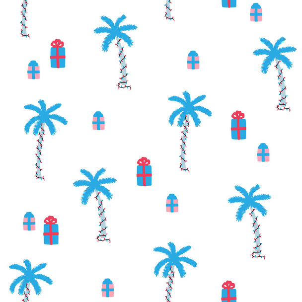 クリスマスと新年のための熱帯の島のビーチパーティーのためのヤシと贈り物とシームレスなパターンを描いたベクトル手  - ベクター画像