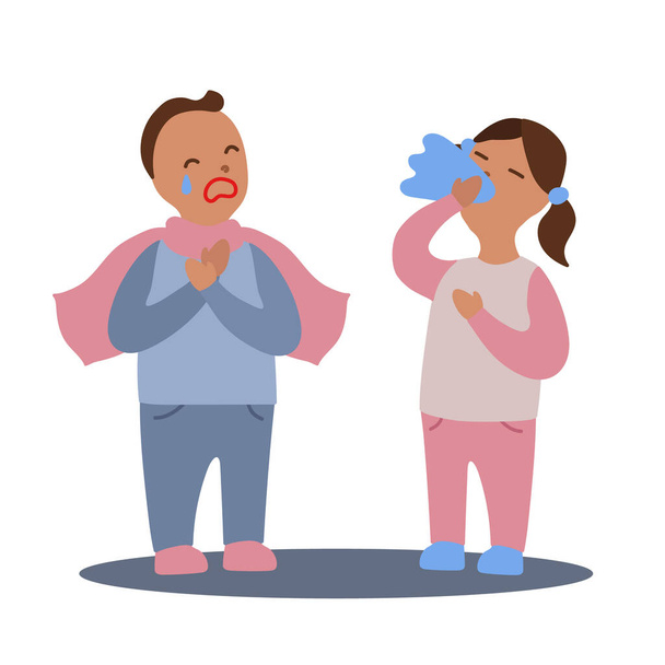 Vector flat illustration with couple of boy and girl with flu or cold symptoms - Vector, Image