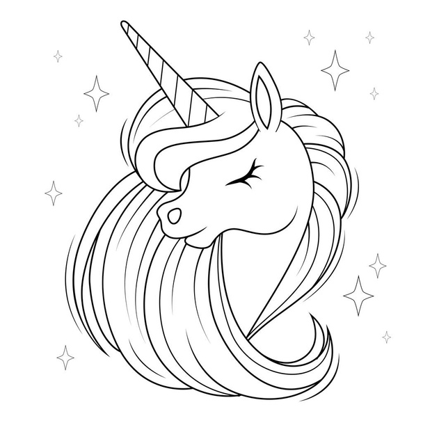 Cute cartoon unicorn head with mane. Black and white vector  illustration for coloring book - Vettoriali, immagini