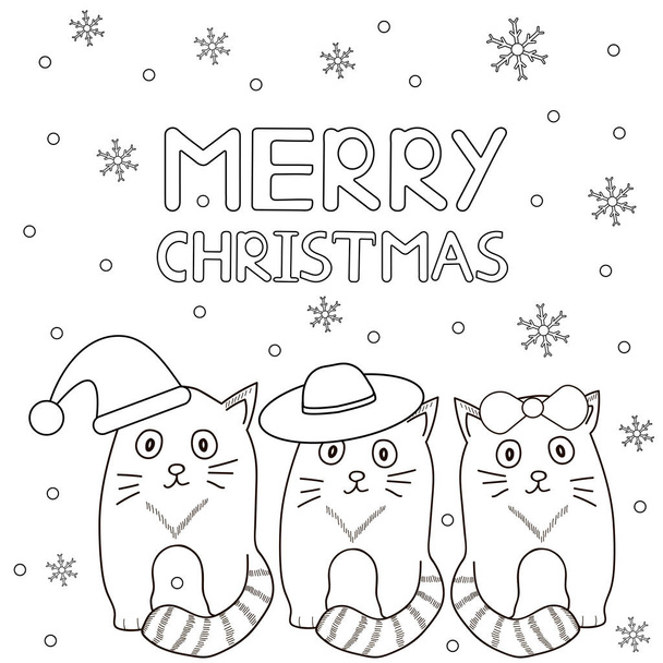 Καλά Χριστούγεννα. Κάρτα με νιφάδες χιονιού και γάτες. Χρωματισμός σελίδας.  - Διάνυσμα, εικόνα