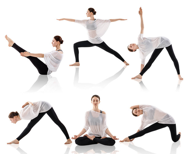 Conjunto de mujeres jóvenes haciendo yoga en diferentes posiciones
 - Foto, imagen