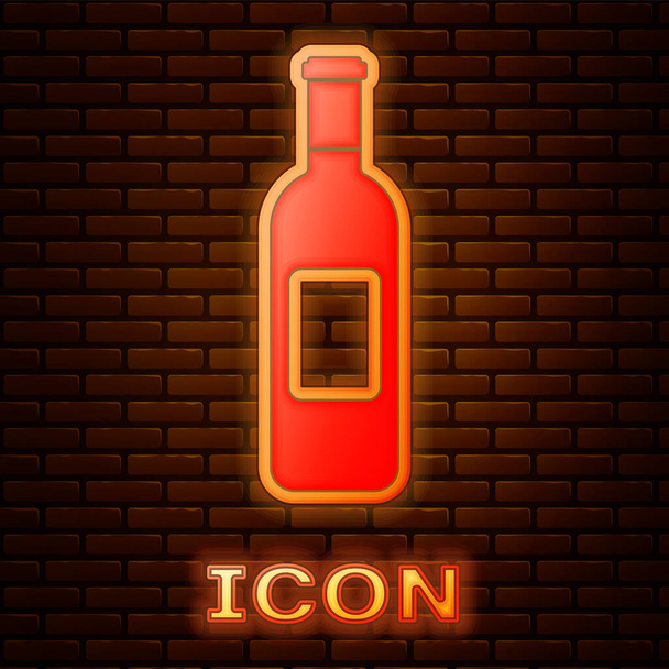 Glowing neon Bottle of wine icon isolated on brick wall background. Vector Illustration - Vector, Image