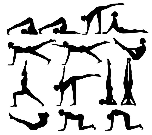 Set of black silhouettes of flexible woman doing yoga. - Photo, Image