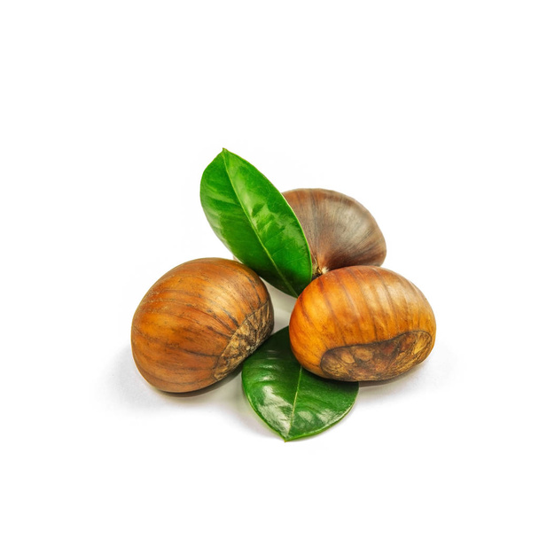 Chestnuts, ripe and unpeeled, on the white background, closeup,  - Fotografie, Obrázek
