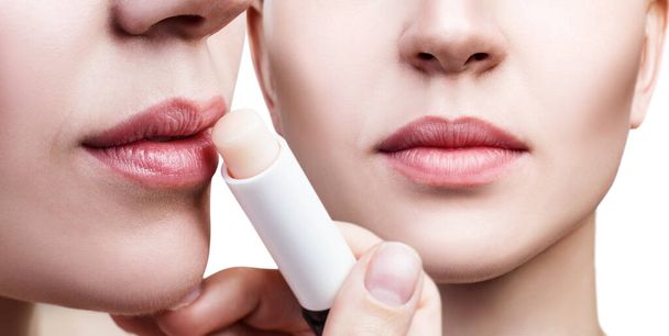 Collage of beautiful woman applying hygienic lip balm. - Photo, Image