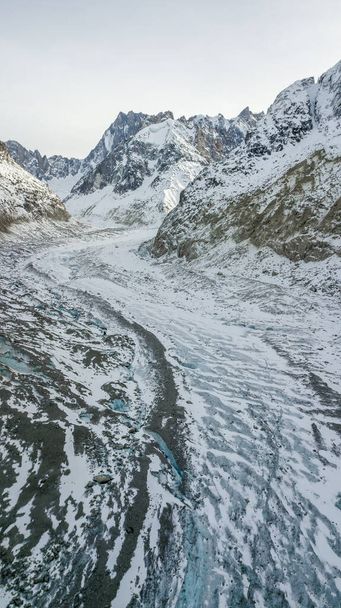 Aerial drone view of glacier in Montenvers, near Chamonix, French Alps - Foto, immagini