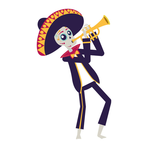mariachi skull playing trumpet comic character - Вектор, зображення