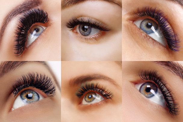 Eyelash extension procedure. Beautiful Woman with long lashes in a beauty salon. Collage of eyes. - Photo, Image