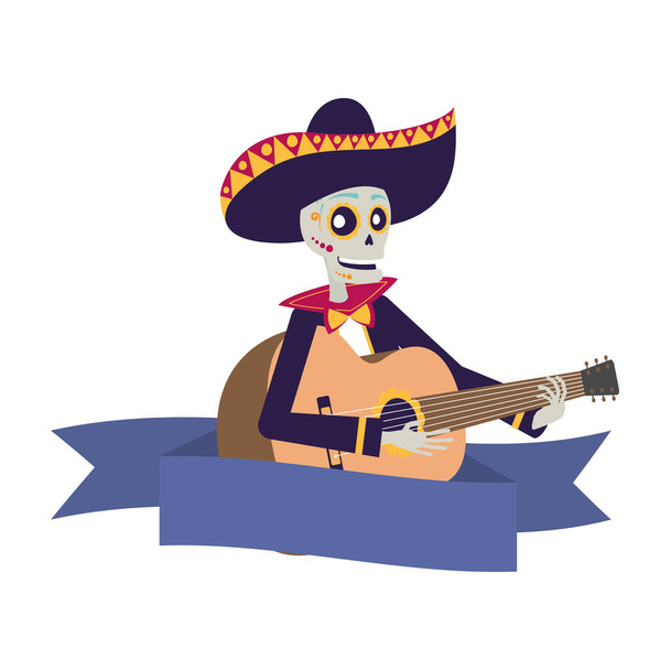 mariachi κρανίο παίζει κιθάρα κωμικό χαρακτήρα - Διάνυσμα, εικόνα