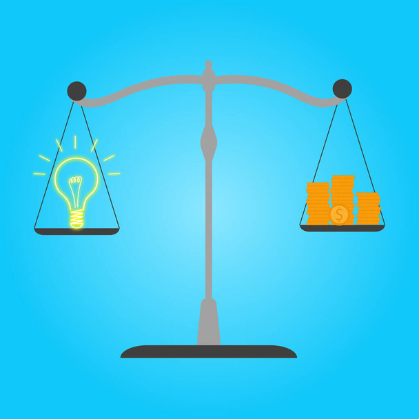 Idea and money stack balance on libra. Vector illustration in flat style. - Vector, Image