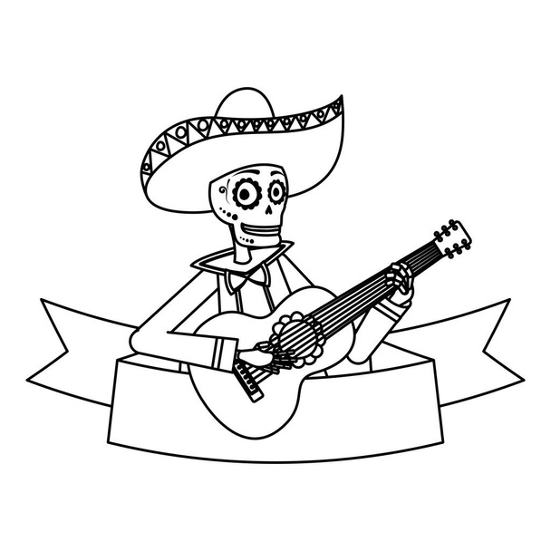 Mariachi-Schädel spielt Gitarre als Comic-Figur - Vektor, Bild