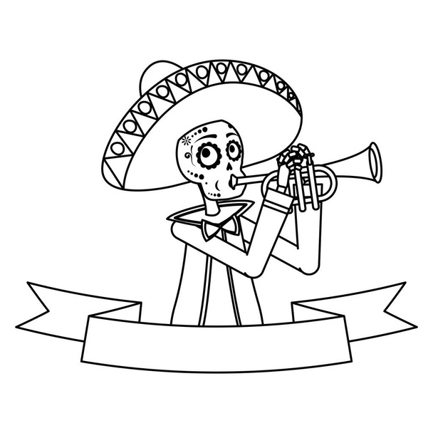 Mariachi-Schädel spielt Trompeten-Comicfigur - Vektor, Bild