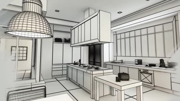 Animação 3D de uma cozinha urbana moderna evoluindo de uma renderização de wireframe para uma renderização de cores realista
 - Filmagem, Vídeo