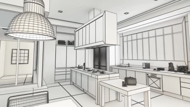 Animação de renderização 3D de uma cozinha urbana moderna em preto e branco wireframe
 - Filmagem, Vídeo