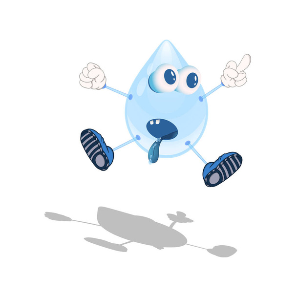 gotita de dibujos animados con ojos y botas muestra un dedo y salta con entusiasmo
 - Vector, Imagen