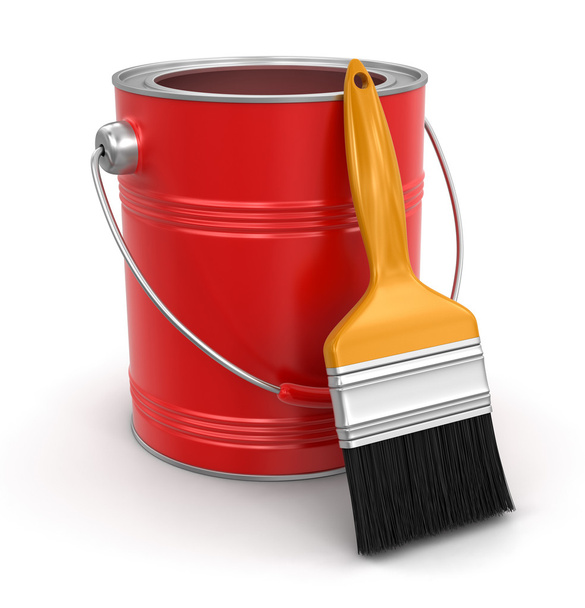 red paint tin and paint brush on it - Fotó, kép