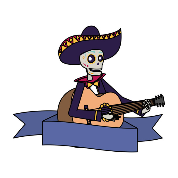 mariachi skull playing guitar comic character - Vector, Image