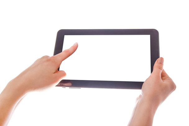 dans les mains humaines tablette ordinateur gadget à écran tactile avec isolé - Photo, image