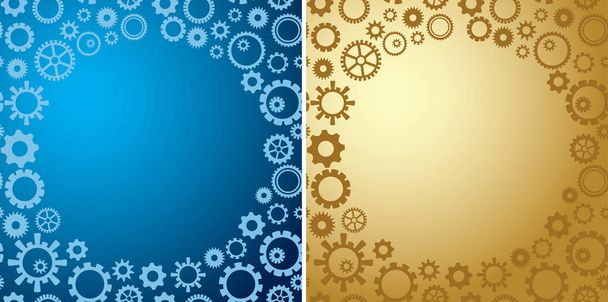 round frames on blue and yellow backgrounds with gradient - vector with gears - Vector, Image