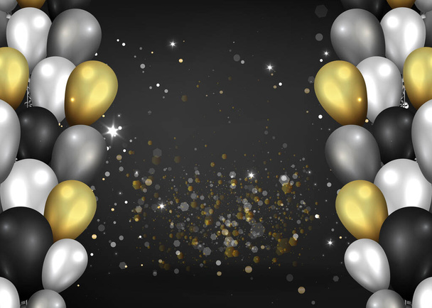 Golden black and silver balloons shiny black background, cute co - Vector, Image