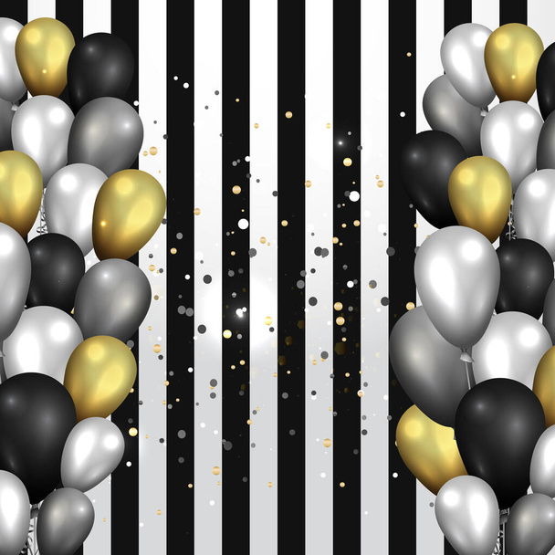 Golden black and silver balloons on shiny striated black and whi - Vektor, kép