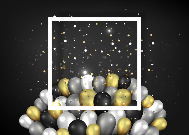Golden black and silver balloons with white frame on shiny black - ベクター画像