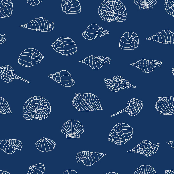 Seamless pattern of outlines various sea shells - Vector, Image
