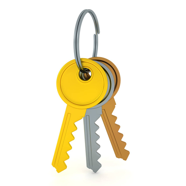 3D Rendering of gold silver and bronze keys in a key chain - Φωτογραφία, εικόνα