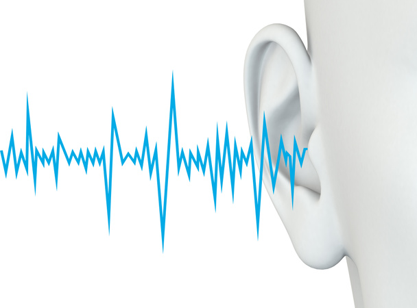 Menselijk oor met blauwe geluidsgolf, tinnitus, medisch 3d illustrat - Foto, afbeelding